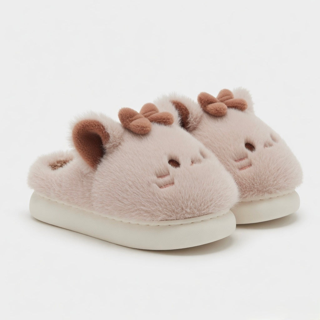 Plush Cat Slippers with Bow | Kawaii Cartoon Indoor House Shoes | SoftSlipsy
