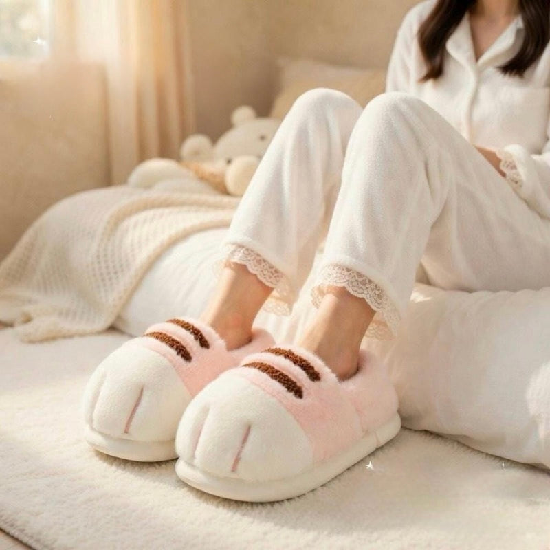 Plush Cat Paw Slippers: Cozy Winter House Shoes for Women | SoftSlipsy