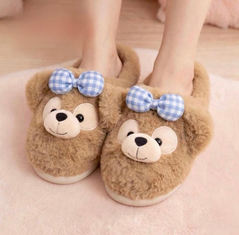 Plush Teddy Bear Slippers with Bow | Cozy Winter House Shoes | SoftSlipsy
