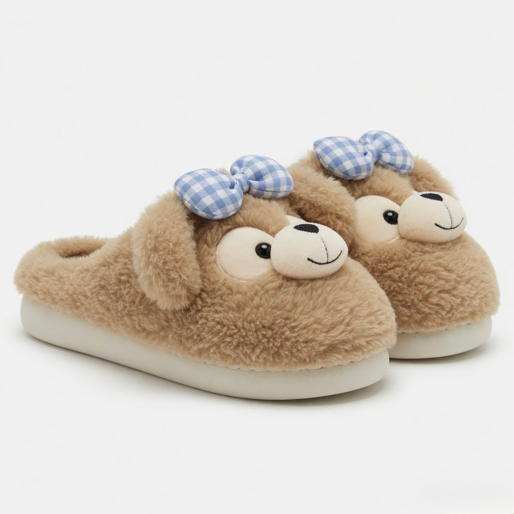 Plush Teddy Bear Slippers with Bow | Cozy Winter House Shoes | SoftSlipsy