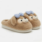 Plush Teddy Bear Slippers with Bow | Cozy Winter House Shoes | SoftSlipsy