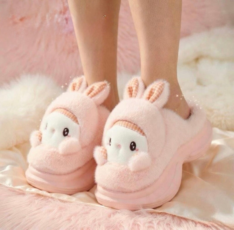 Plush Bunny Platform Slippers | Kawaii Rabbit House Shoes, Cozy Winter Indoor Footwear | SoftSlipsy