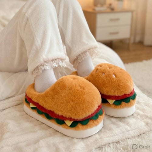 Burger Slippers | Plush Hamburger House Shoes, Cozy Winter Indoor Footwear | SoftSlipsy