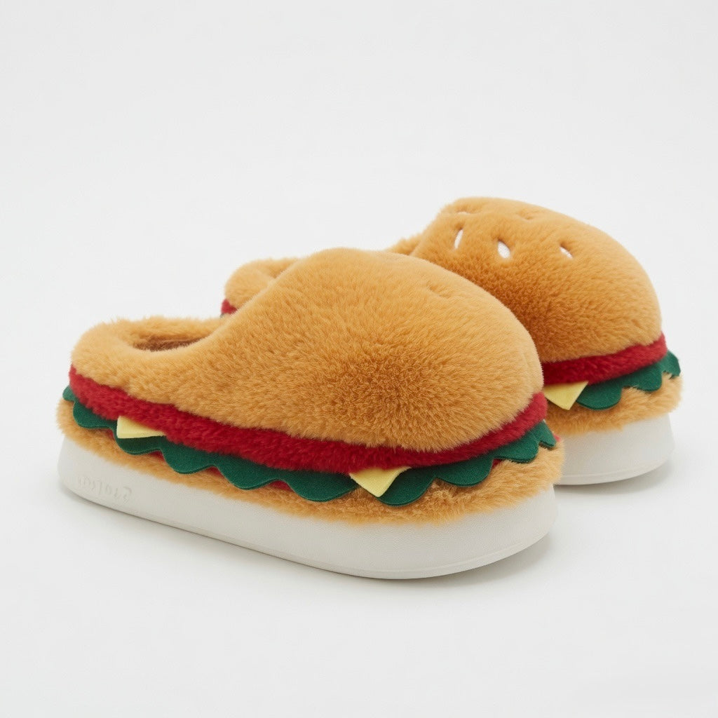 Burger Slippers | Plush Hamburger House Shoes, Cozy Winter Indoor Footwear | SoftSlipsy