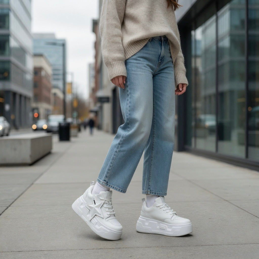 SoftSlipsy White Star Platform Sneakers – Chunky Height Boost Y2K Shoes