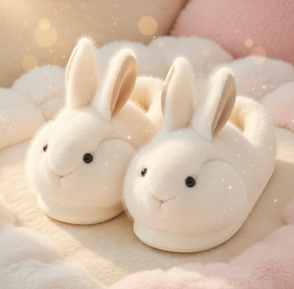 Beige Bunny Slippers Cute Plush Animal Slippers Soft Warm Indoor House Shoes Cozy Winter Slippers