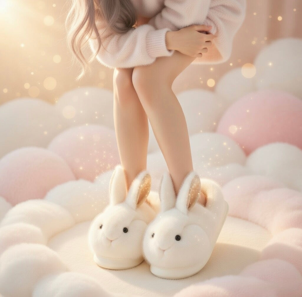 Beige Bunny Slippers Cute Plush Animal Slippers Soft Warm Indoor House Shoes Cozy Winter Slippers