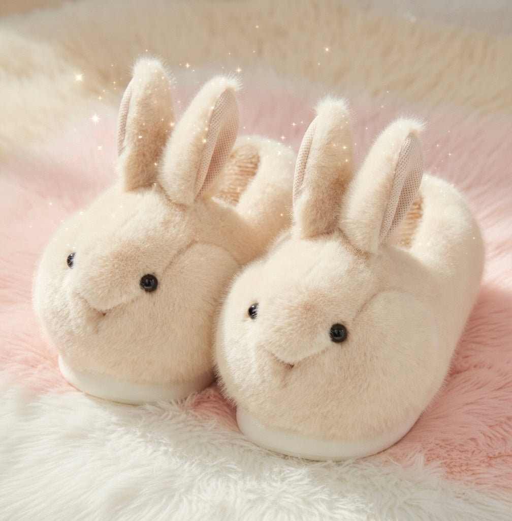 Beige Bunny Slippers Cute Plush Animal Slippers Soft Warm Indoor House Shoes Cozy Winter Slippers