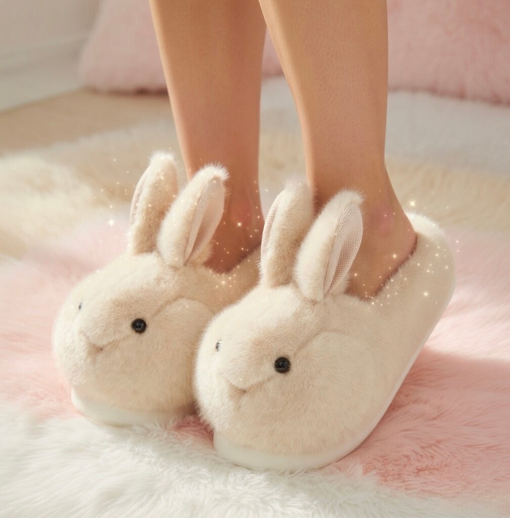 Beige Bunny Slippers Cute Plush Animal Slippers Soft Warm Indoor House Shoes Cozy Winter Slippers