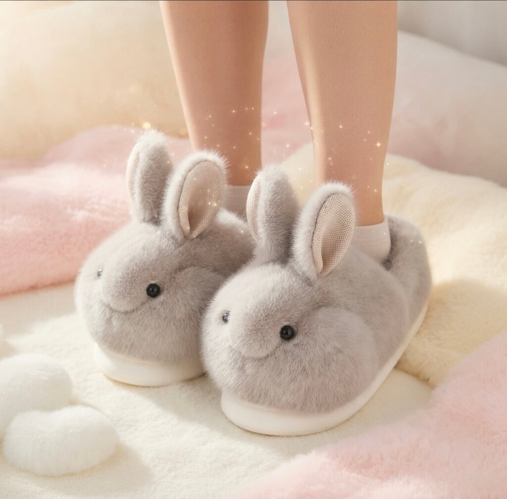 Grey Fluffy Bunny Slippers Cute Plush Animal Slippers Soft Warm Cozy Indoor House Shoes Winter Slippers