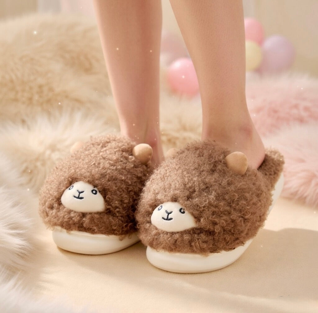 Cute Brown Sheep Plush Slippers – Soft Cozy Indoor House Shoes