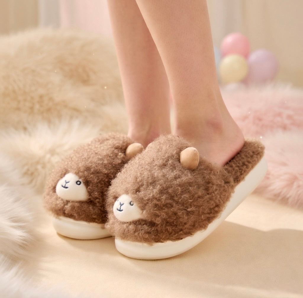 Cute Brown Sheep Plush Slippers – Soft Cozy Indoor House Shoes