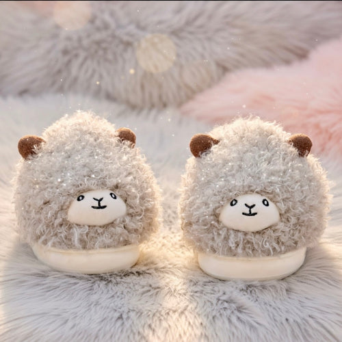 Fluffy Grey Sheep Slippers – Cute Cozy Indoor House Shoes