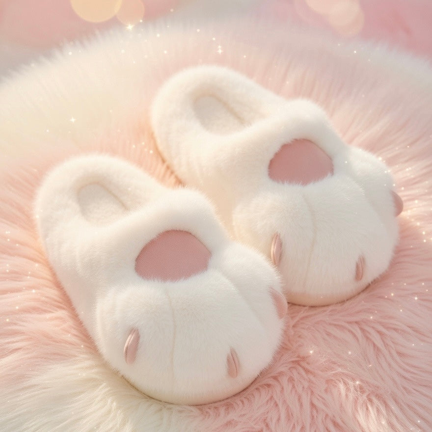 Cute Pink Cat Paw Plush Slippers – Soft Cozy Indoor House Shoes