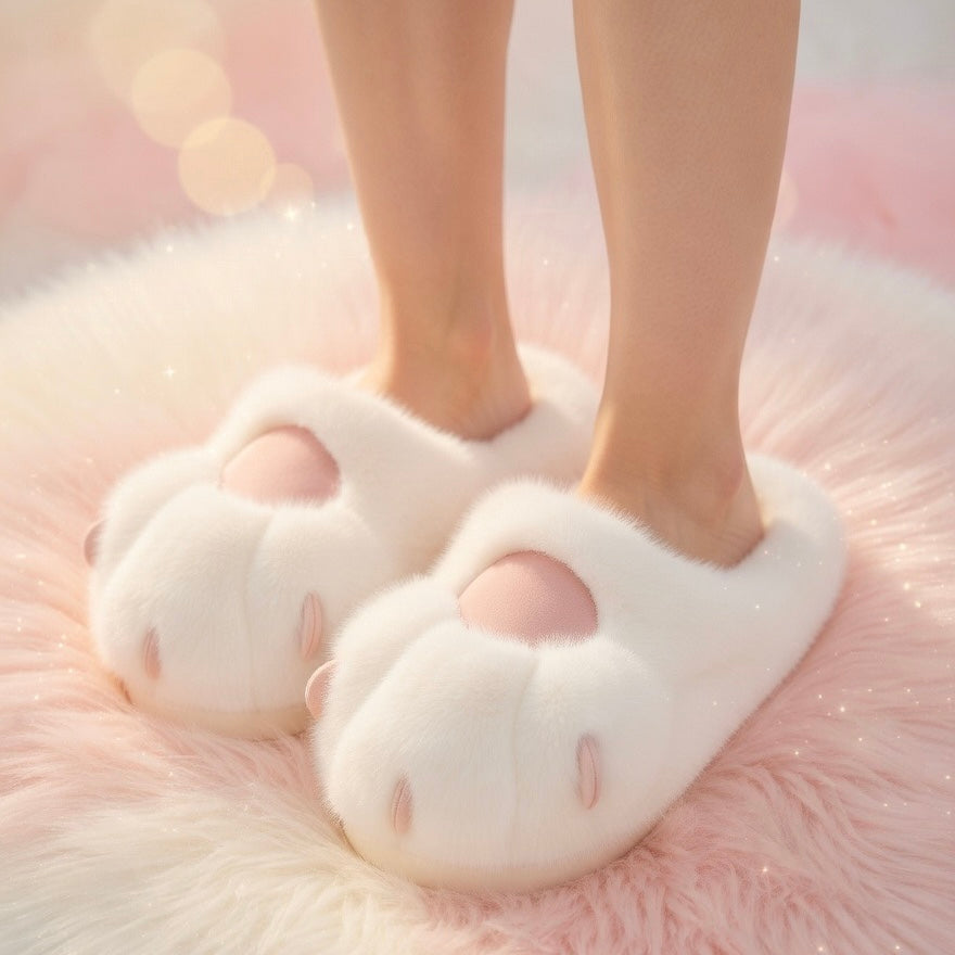 Cute White Cat Paw Plush Slippers – Soft Cozy Indoor House Shoes