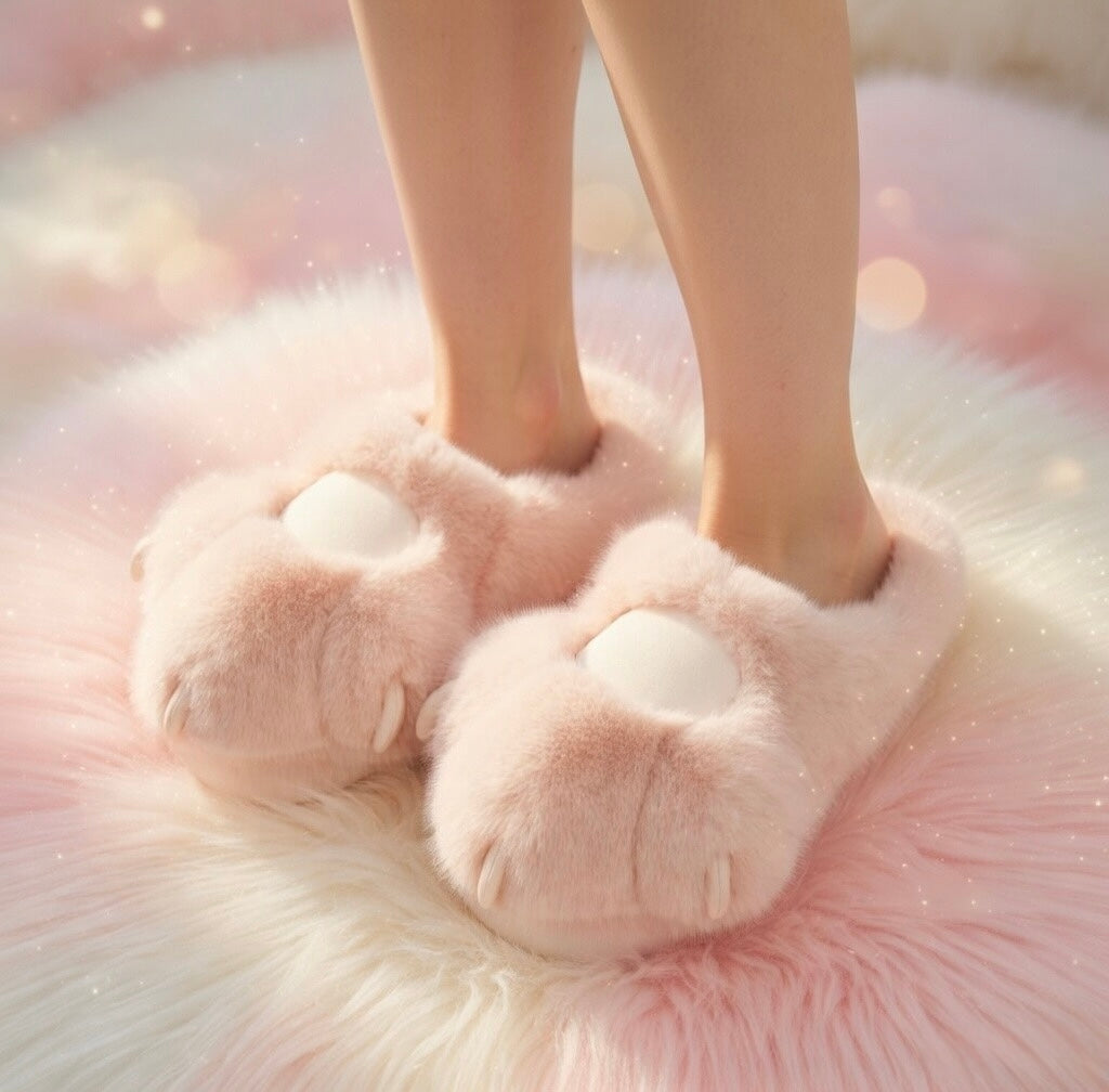 Cute Pink Cat Paw Plush Slippers – Soft Cozy Indoor House Shoes