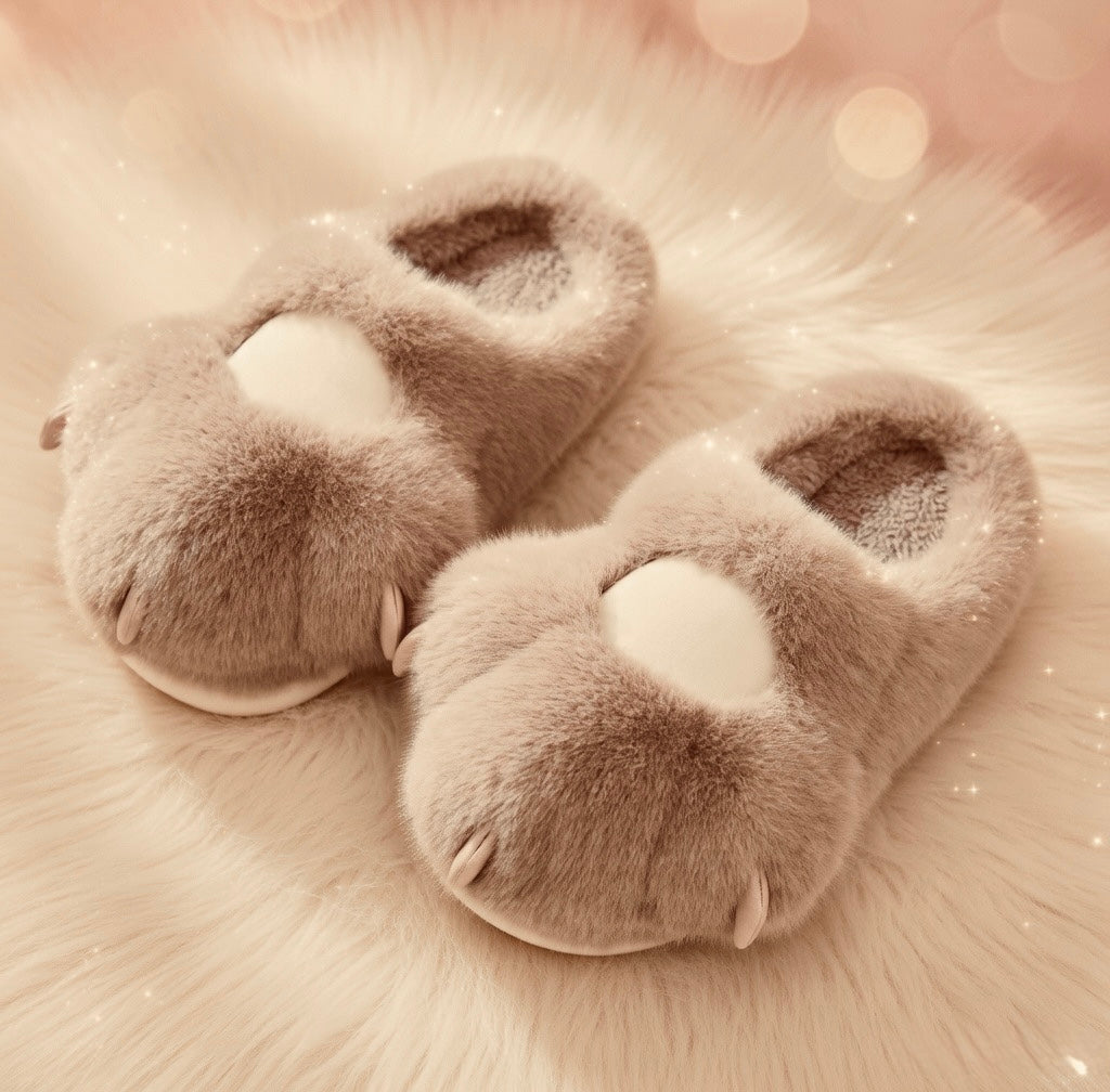 Cute Pink Cat Paw Plush Slippers – Soft Cozy Indoor House Shoes