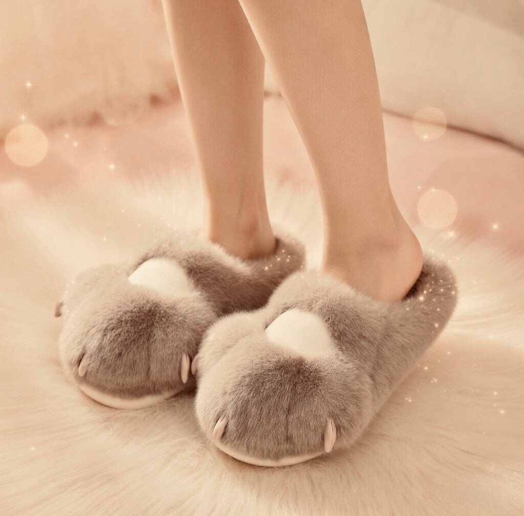 Cute Pink Cat Paw Plush Slippers – Soft Cozy Indoor House Shoes