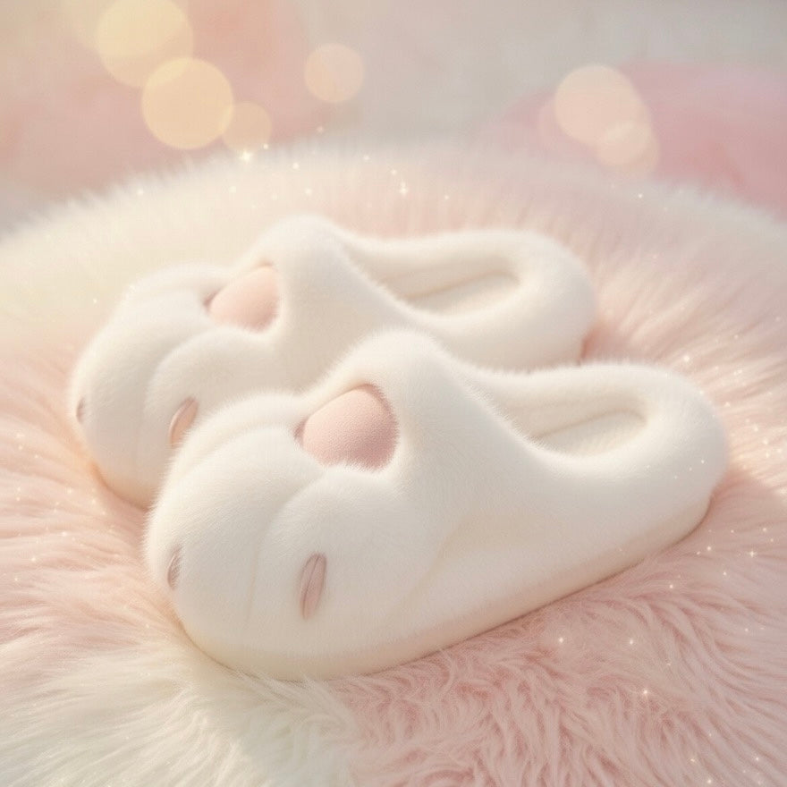 Cute Pink Cat Paw Plush Slippers – Soft Cozy Indoor House Shoes
