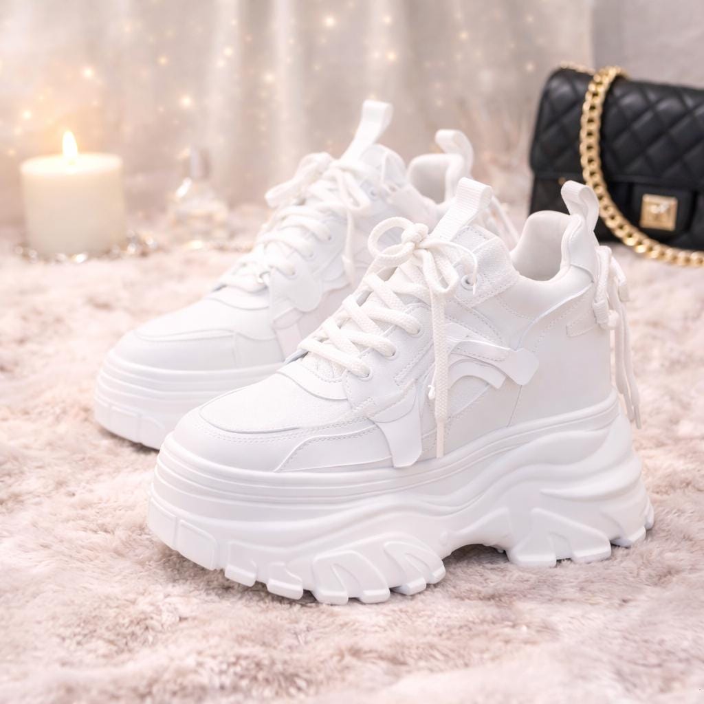 SoftSlipsy Women's White Chunky Platform Sneakers | 14CM Height Boost Trainers