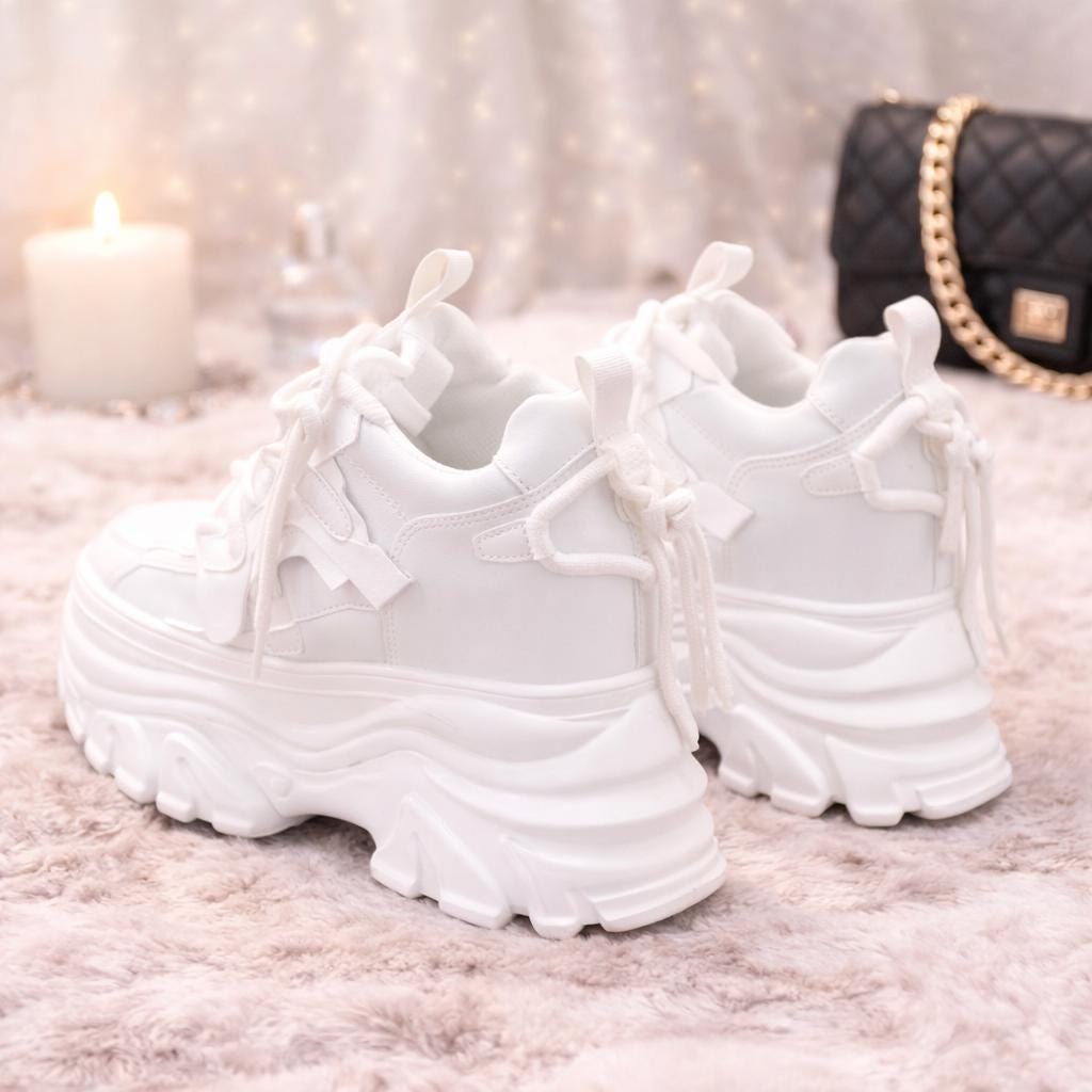 SoftSlipsy Women's White Chunky Platform Sneakers | 14CM Height Boost Trainers