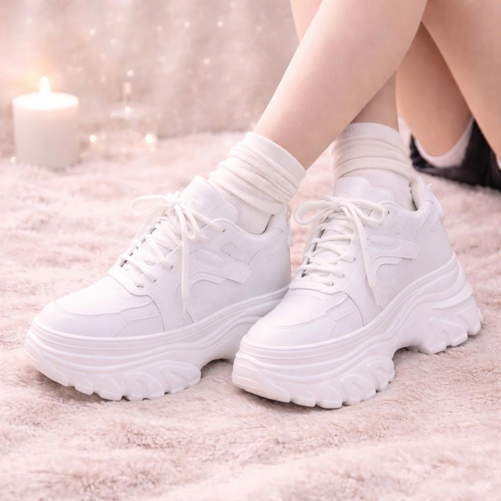SoftSlipsy Women's White Chunky Platform Sneakers | 14CM Height Boost Trainers