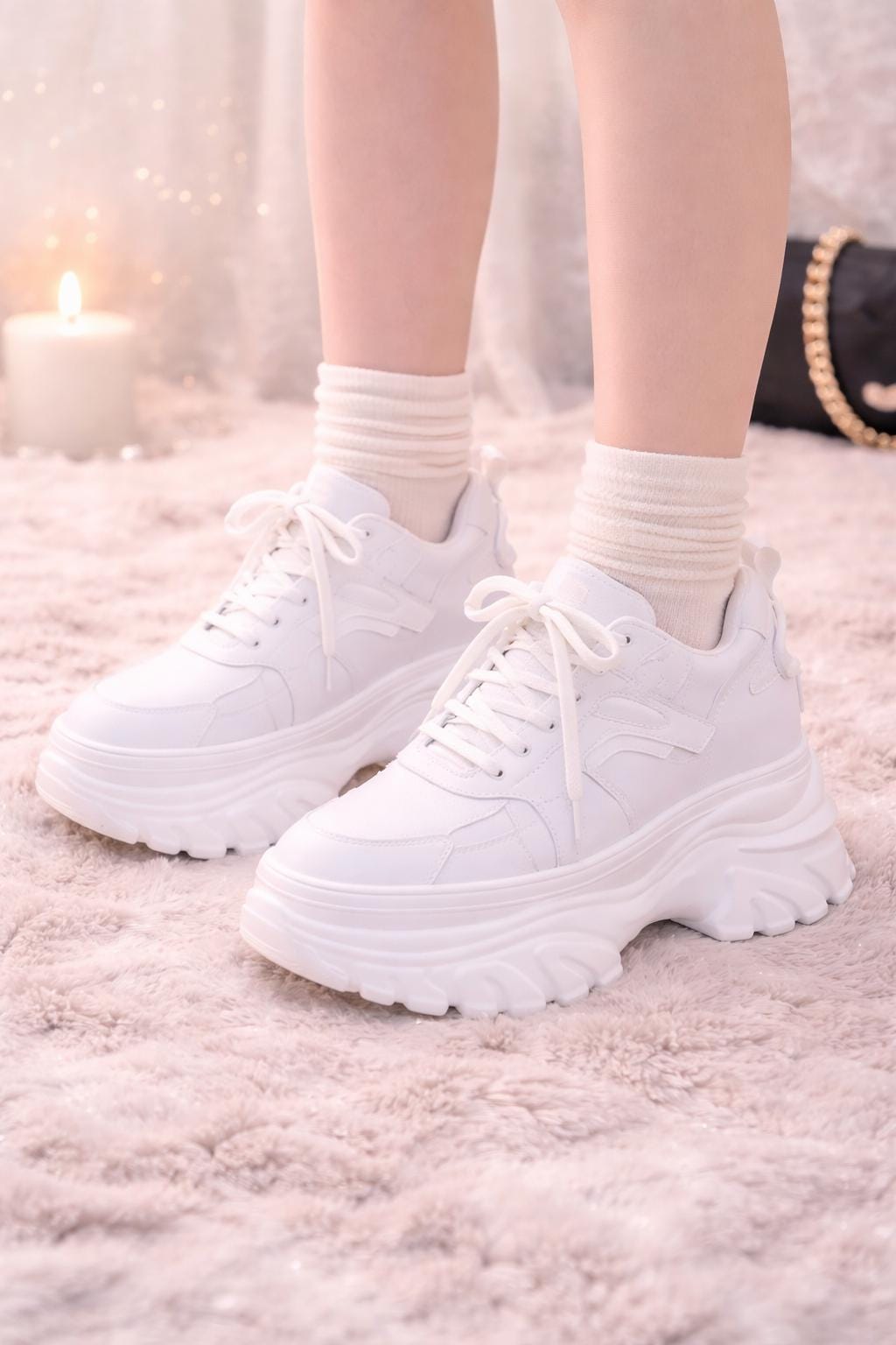 SoftSlipsy Women's White Chunky Platform Sneakers | 14CM Height Boost Trainers