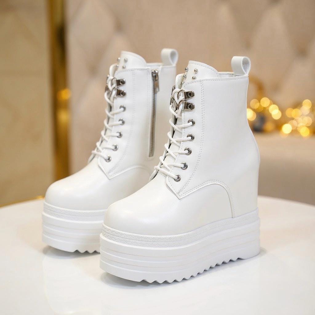 SoftSlipsy Women's White Chunky Platform Ankle Boots | +14CM Height Increasing Fashion