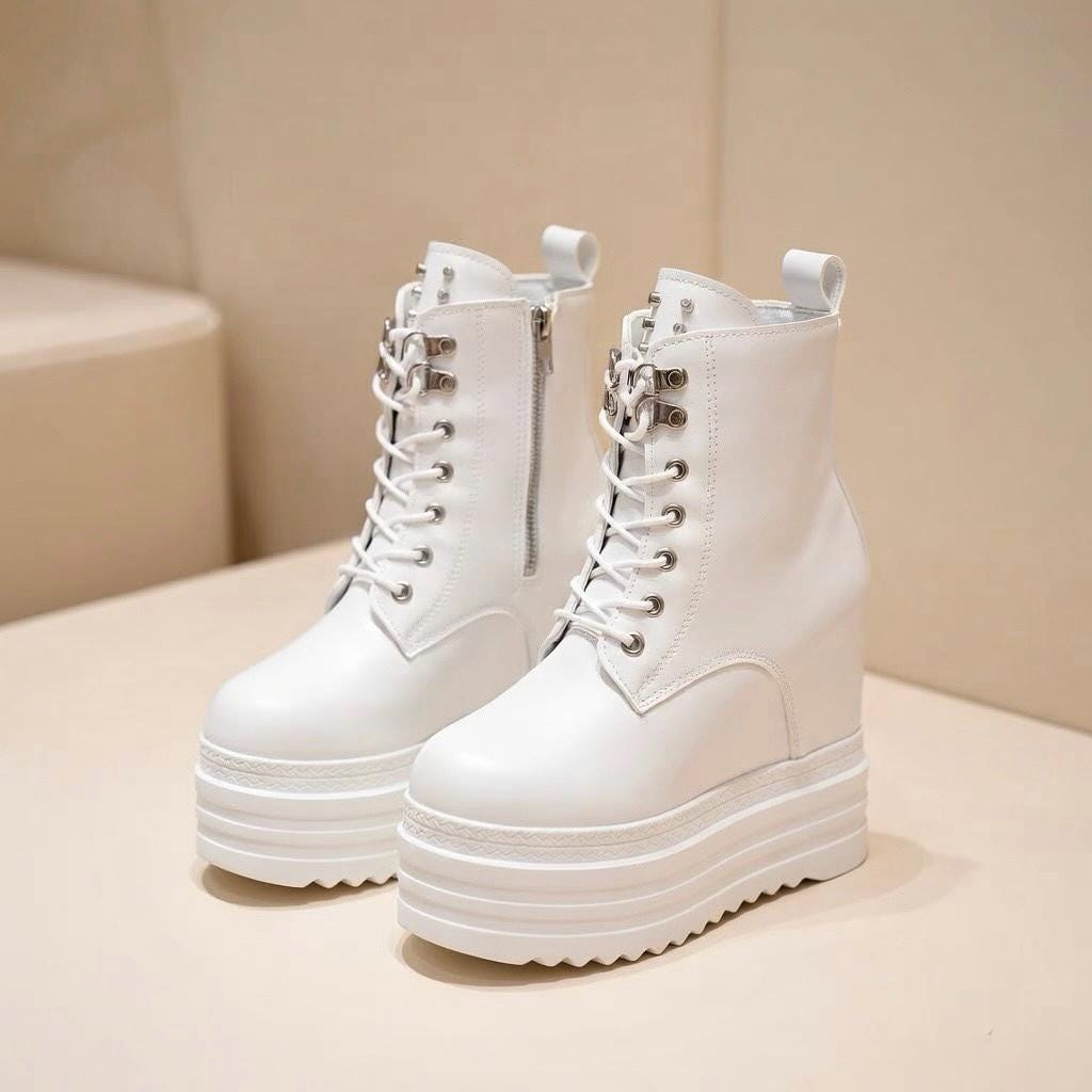 SoftSlipsy Women's White Chunky Platform Ankle Boots | +14CM Height Increasing Fashion