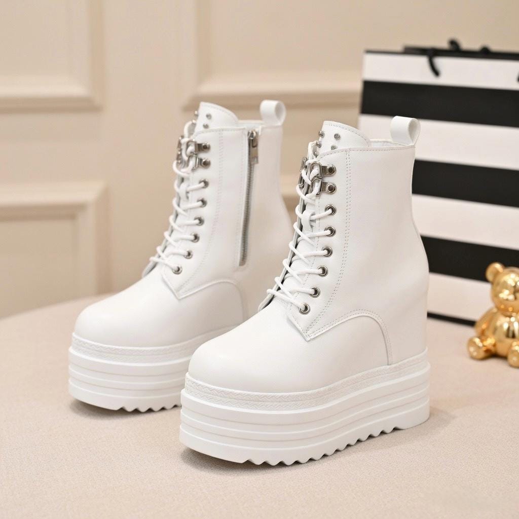 SoftSlipsy Women's White Chunky Platform Ankle Boots | +14CM Height Increasing Fashion