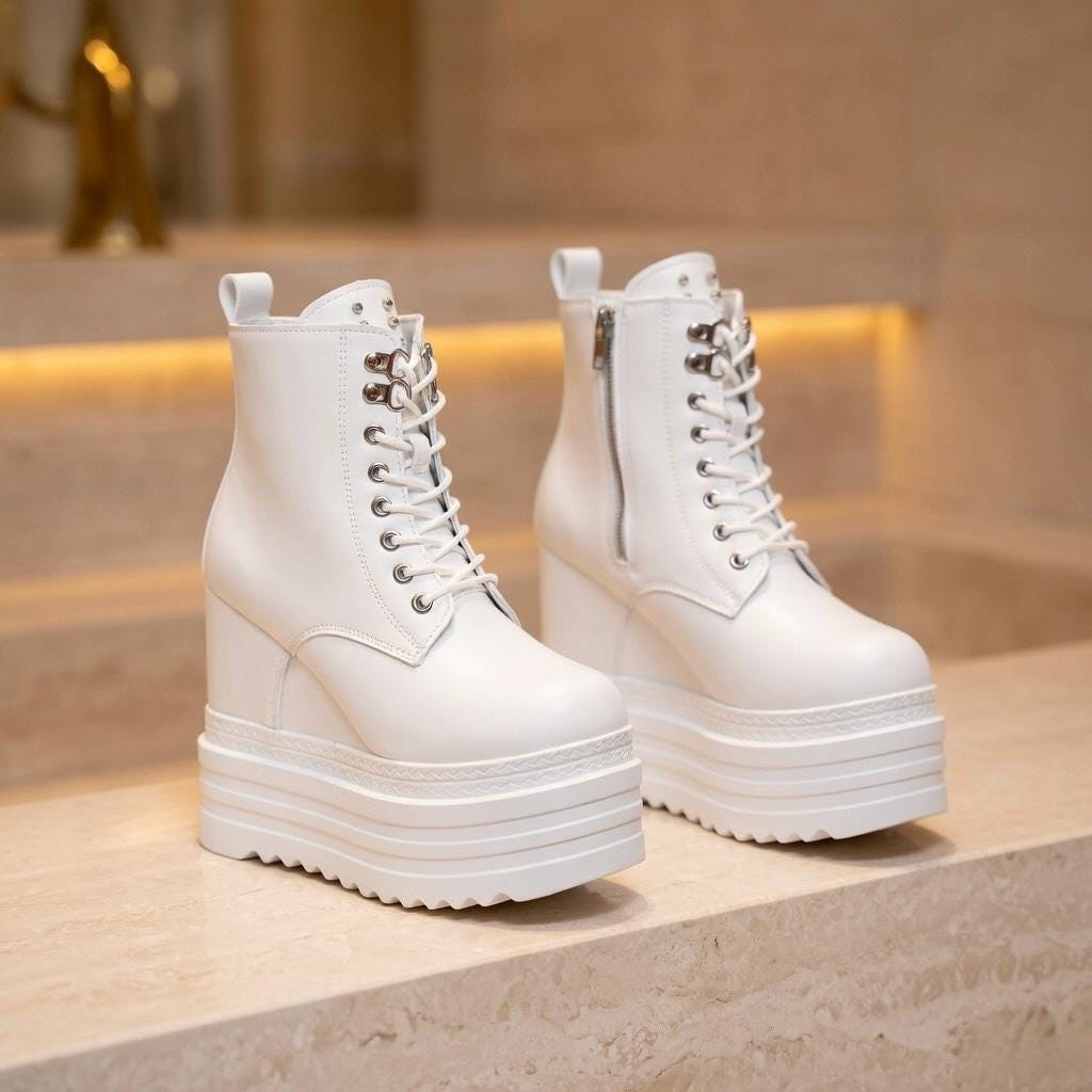 SoftSlipsy Women's White Chunky Platform Ankle Boots | +14CM Height Increasing Fashion