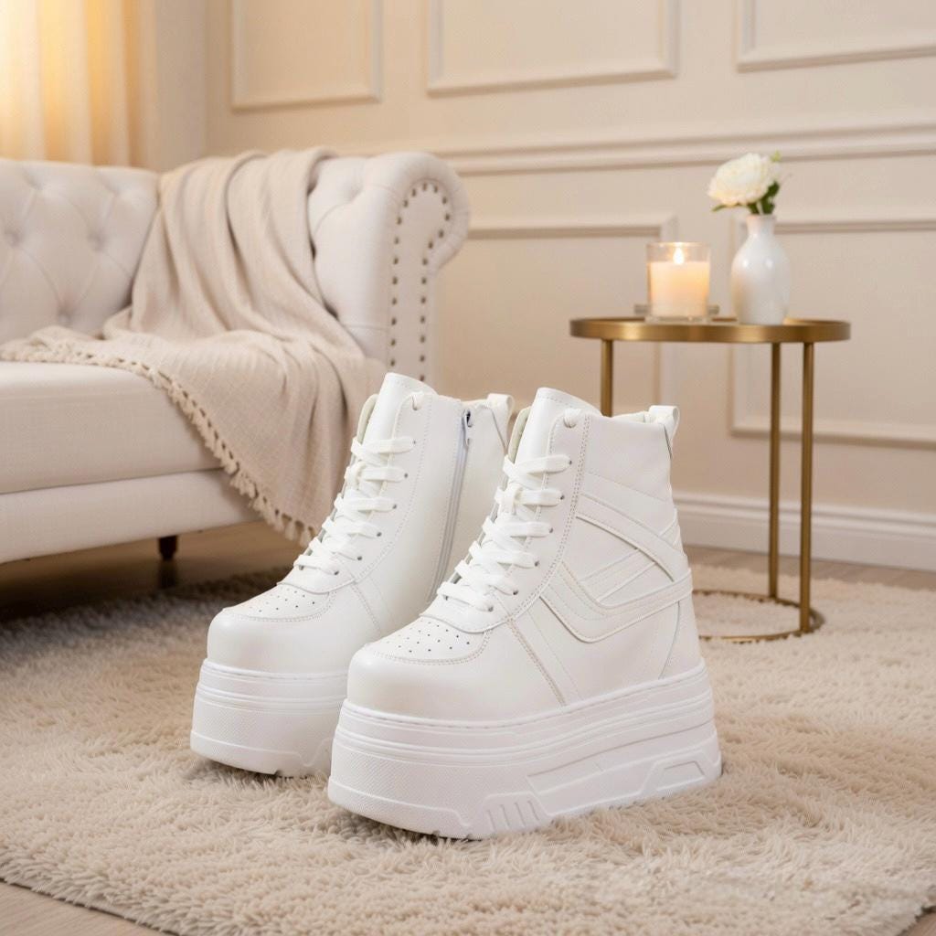 SoftSlipsy Women's White Chunky Platform Sneakers | +14CM Height Increasing Trainers