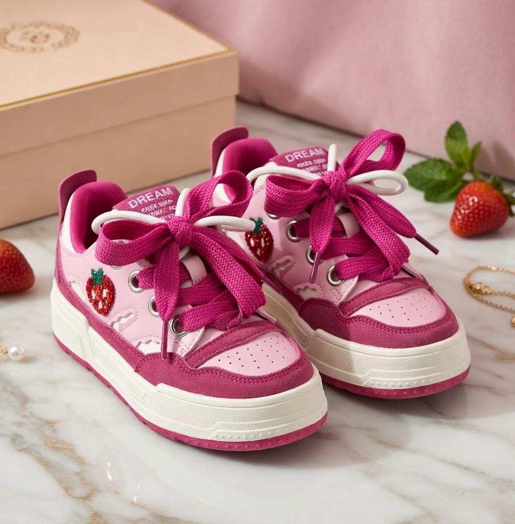 SoftSlipsy Pink Strawberry Platform Sneakers | Kawaii Chunky Sole Trainers, Korean Casual