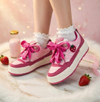 SoftSlipsy Pink Strawberry Platform Sneakers | Kawaii Chunky Sole Trainers, Korean Casual