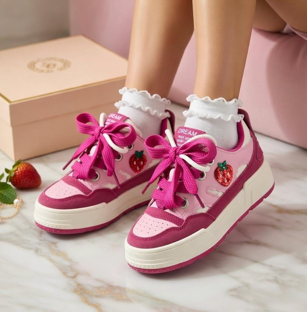SoftSlipsy Pink Strawberry Platform Sneakers | Kawaii Chunky Sole Trainers, Korean Casual