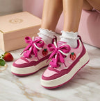 SoftSlipsy Pink Strawberry Platform Sneakers | Kawaii Chunky Sole Trainers, Korean Casual