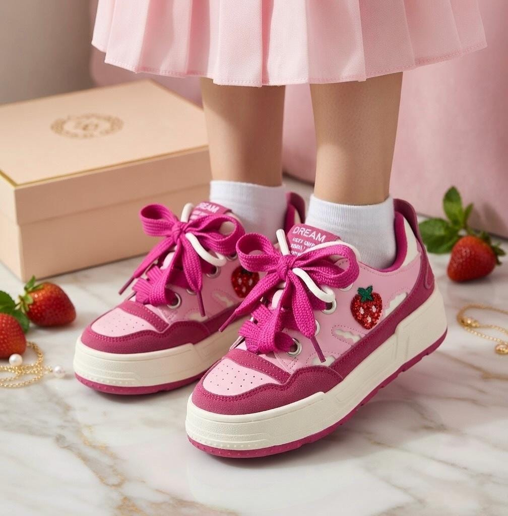 SoftSlipsy Pink Strawberry Platform Sneakers | Kawaii Chunky Sole Trainers, Korean Casual