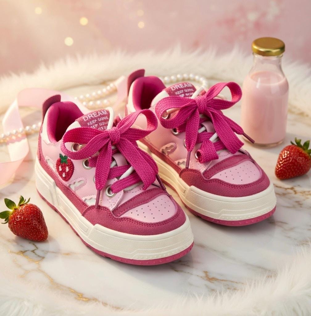 SoftSlipsy Pink Strawberry Platform Sneakers | Kawaii Chunky Sole Trainers, Korean Casual