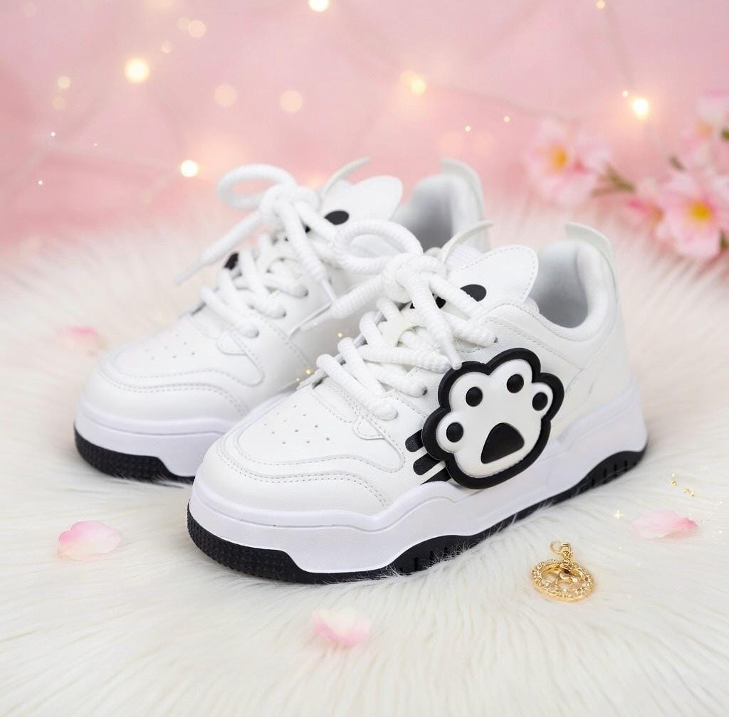 SoftSlipsy Cat Paw Platform Sneakers | White Chunky Kawaii Trainers, Korean Streetwear