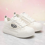 SoftSlipsy White Canvas Platform Sneakers Women – Thick Sole Casual Trainers, Soft Girl Style Shoes