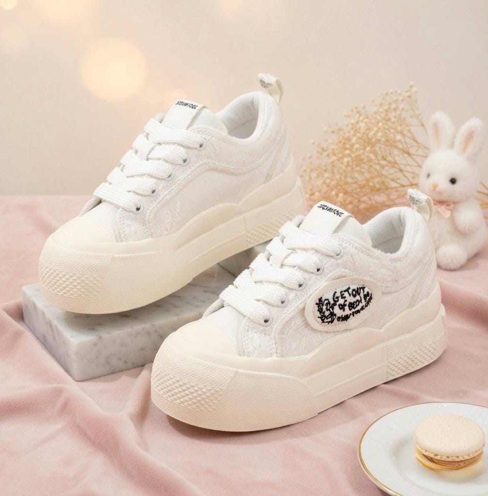 SoftSlipsy White Canvas Platform Sneakers Women – Thick Sole Casual Trainers, Soft Girl Style Shoes
