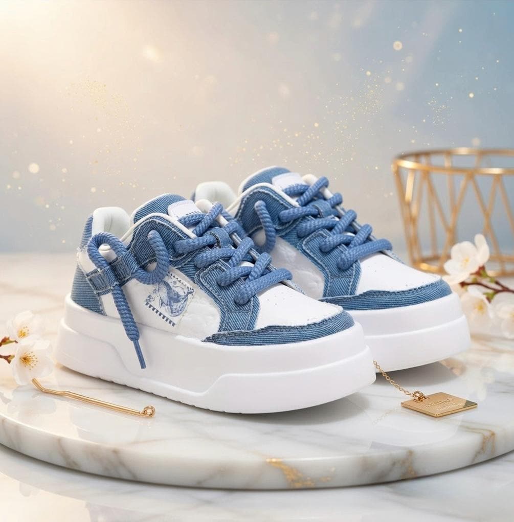 SoftSlipsy Blue Denim Platform Sneakers Women | Chunky Sole Skate Trainers Streetwear