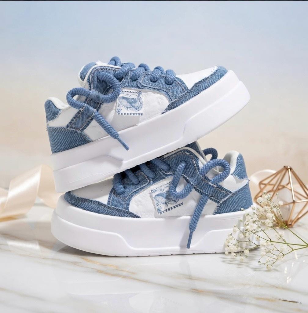 SoftSlipsy Blue Denim Platform Sneakers Women | Chunky Sole Skate Trainers Streetwear