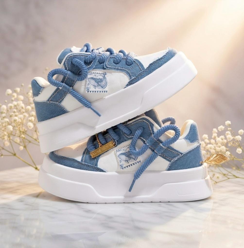 SoftSlipsy Blue Denim Platform Sneakers Women | Chunky Sole Skate Trainers Streetwear