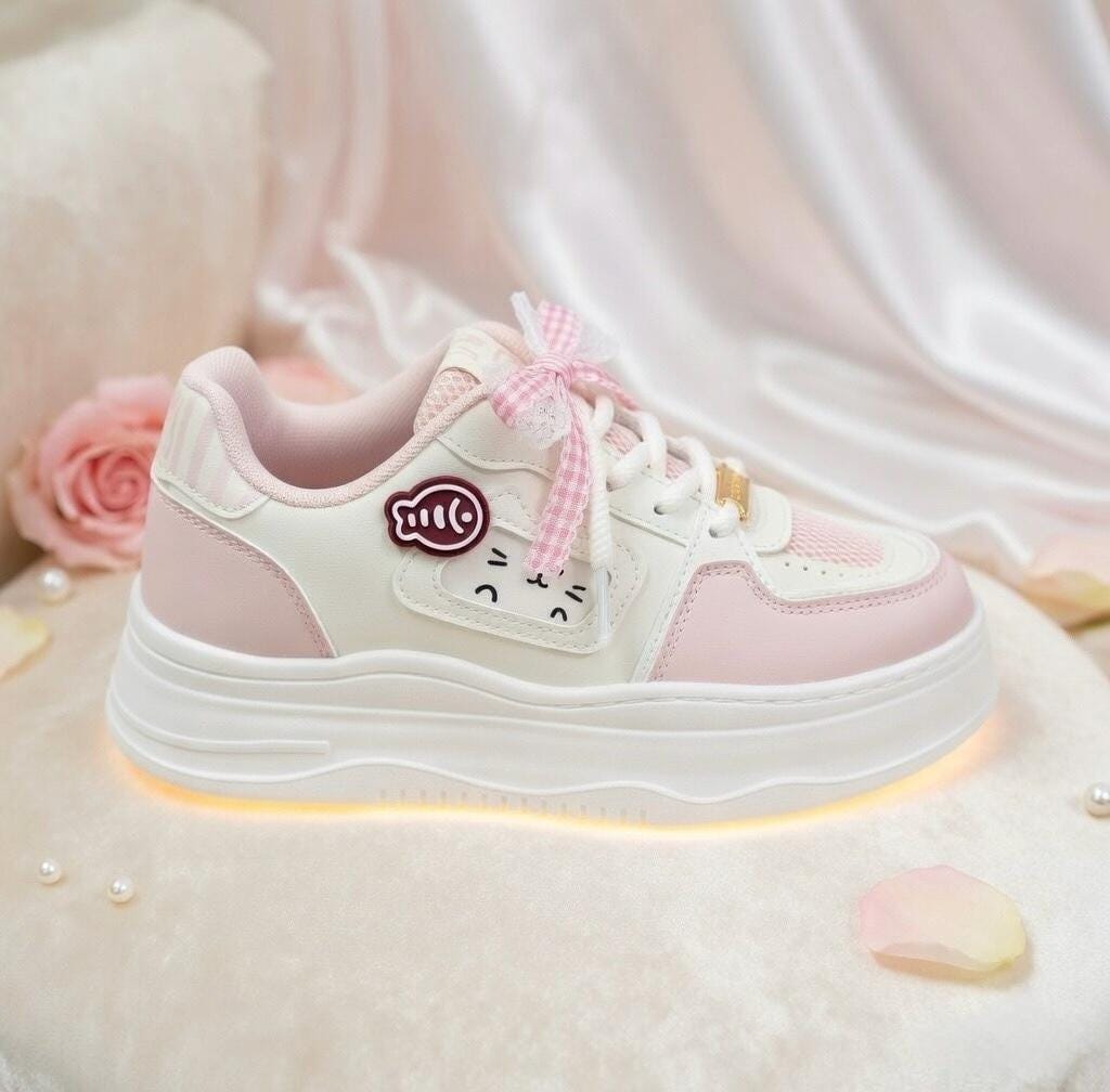 SoftSlipsy Kawaii Cat Platform Sneakers Women | Fish Detail Chunky Trainers, Casual Shoes