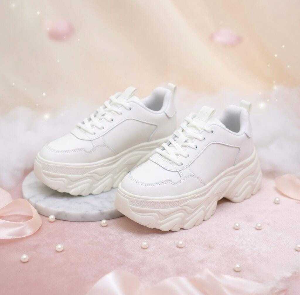 May include: A pair of white platform trainers with chunky, textured soles. The shoes feature white laces and a smooth, leather-like upper. The trainers are displayed on a marble surface against a soft pink background with scattered pearls and ribbons.