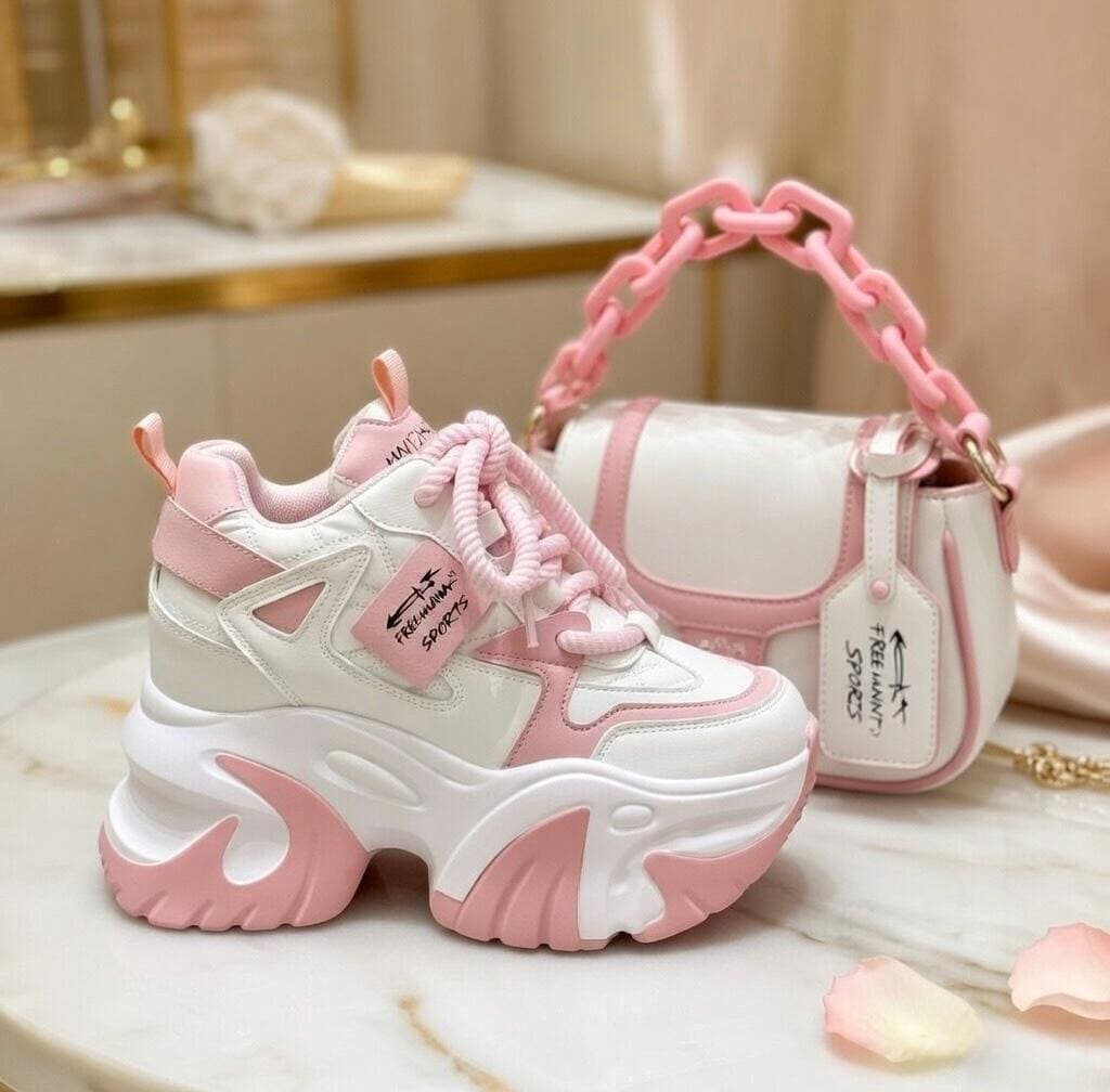 SoftSlipsy Pink Chunky Platform Sneakers | Women's Height Increasing Trainers, Korean Fashion Style