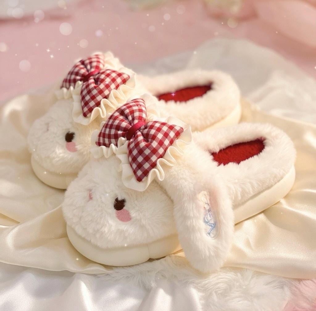 Coquette Bunny Slippers with Bow, Plush Kawaii Rabbit Indoor Shoes | SoftSlipsy