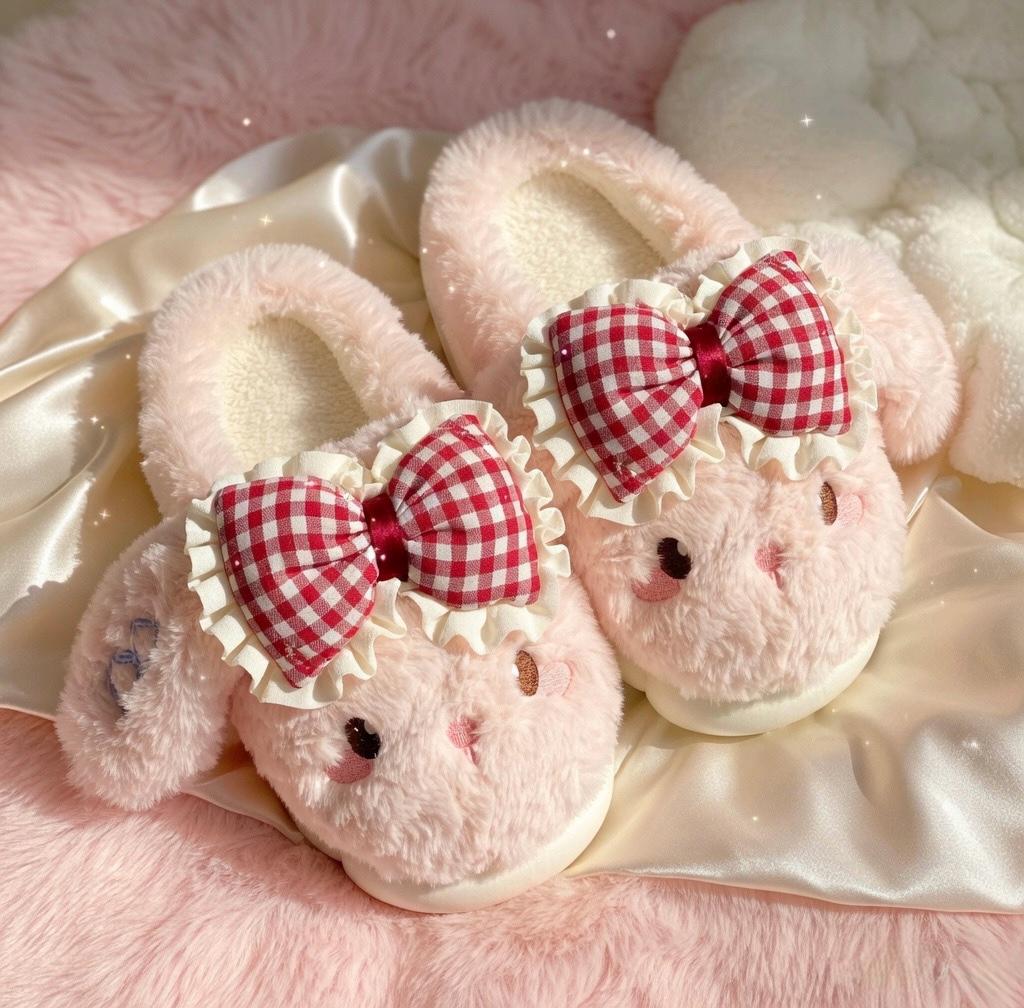 Coquette Bunny Slippers with Bow, Plush Kawaii Rabbit Indoor Shoes | SoftSlipsy