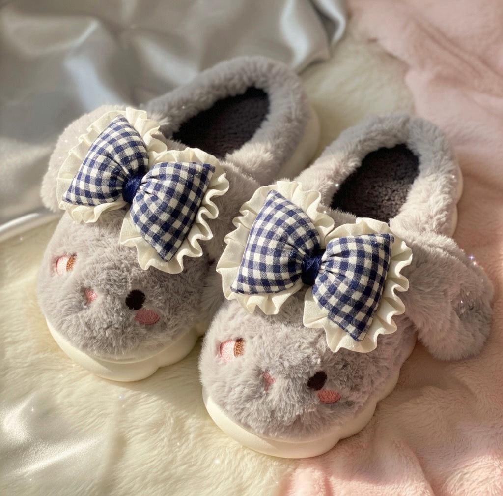 Coquette Bunny Slippers with Bow, Plush Kawaii Rabbit Indoor Shoes | SoftSlipsy